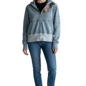 Vintage Blue Cotton Hoodie with Embroidery